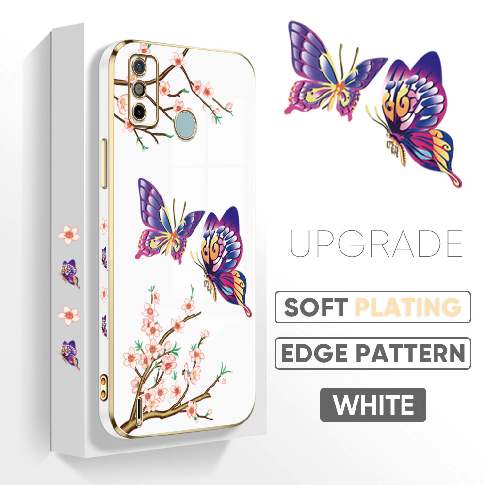Hontinga Casing Case For Samsung Galaxy S21 FE S21FE 5G Case Fashion Colorful Butterfly Luxury Chrome Plated Soft TPU Square Phone Case Full Cover Camera Protection Anti Gores Rubber Cases For Girls